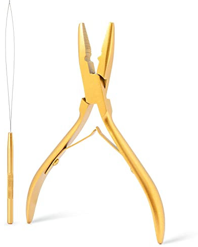 FOSHIO Microrings Extensions Haarverlaengerung Zange Set Perücken Werkzeug Haarverlängerung Schlaufe Nadeleinfädler Ziehhaken Werkzeug Golden