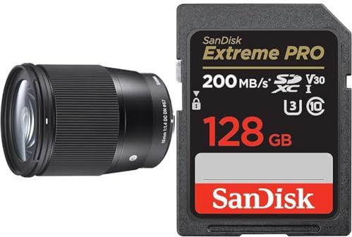 Sigma Objectif 16 mm F1, 4 DC DN - Monture Sony & SanDisk 128 Go Extreme Pro Carte SDXC + RescuePRO Deluxe, jusqu'à 200 Mo/s, UHS-I, Classe 10, U3, V30
