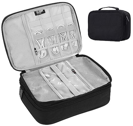 TsunNee Extra Large Double Layer Travel Cable Organizer Bag, Portable Electronics Accessories Storage Case with 2 Compartments, Black