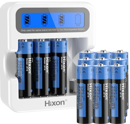 Hixon Rechargeable Batteries AA,lithium aa batteries with LCD charger,3500mWh High Capacity,1500Cycles,1.5V Constant Output[12AA+Charger]