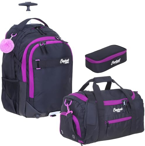 Elephant 3 Teile Set Trolley Hero Signature Schultrolley Schulranzen Trolly Sporttasche Mäppchen 12800 (Tiff Lila 13016 (Lila Violett Schwarz))