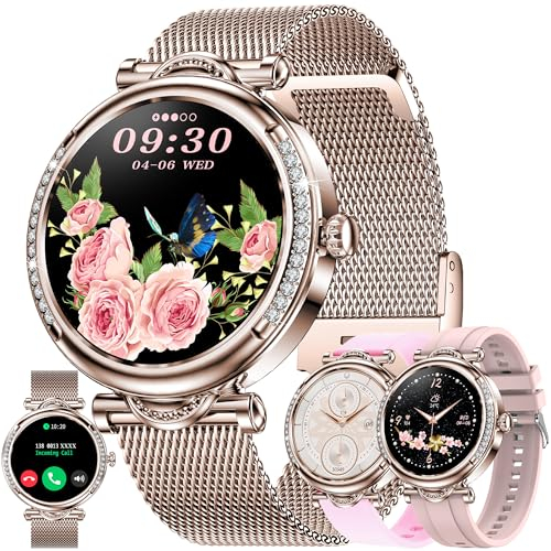 Smartwatch Damen mit Telefonfunktion, 1,27 Zoll Stahl Smart Watch mit Diamant|123 Sport|SpO2|Menstruationszyklus|Herzfrequenzmonitor|Schlafmonitor|Sportuhr Aktivitätstracker für Android iOS (Gold)