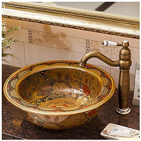 ZYLDDS Vasque A Poser Ensemble Rétro en Céramique avec Robinet Et Drain,Vasque à Poser Salle de Bain,Lave-Mains de Salle d'eau Vasque à Poser de Bain Maison,Facile à Installer,C