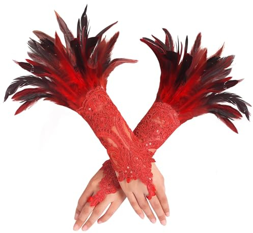 KAYEF Feder Spitze Fingerlose Handschuhe,1 Paar Handschuhe mit Federn, Federstulpe Spitze, Abendhandschuh Spitze für Halloween, Cosplay, Hochzeiten, Karneval, Kostümzubehör