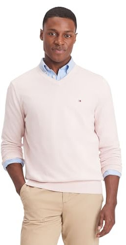 Tommy Hilfiger Essential Long Sleeve Cotton V-Neck Pullover Sweater, Rose Clair chiné, Taille XS Homme