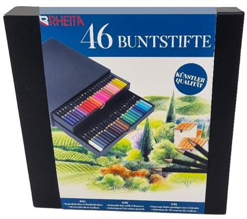 RHEITA 46 hochwertige Buntstifte mit feiner Spitze in praktischer Schubladenbox