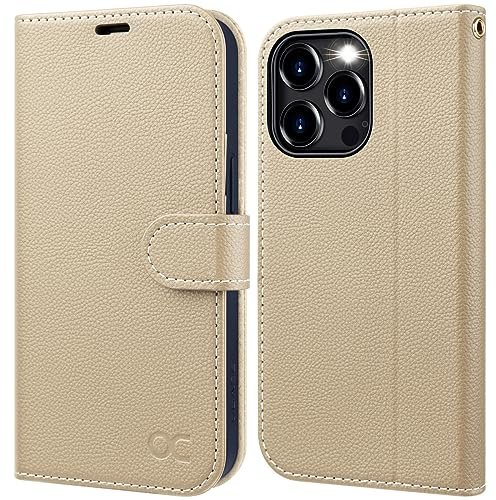 OCASE Hülle für iPhone 15 Pro Leder Handyhülle [Premium PU Leder] [Standfunktion] [Kartenfach] RFID Schutzhülle Klapphülle Case Cover Etui Kompatibel für iPhone 15 Pro Aprikose Litschi