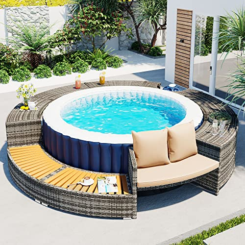 KUAKE Gartenmöbel-Sets,Rund Spa Schwimmbecken Poolumrandung mit 2 hölzernen Spa-Stufen, Poly PE-Rattan und Akazienholz, Pulverbeschichteter Eisen, Grau