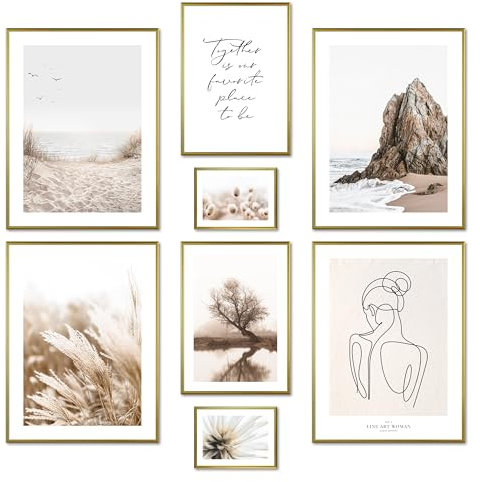 ARTFAVES® Set di poster - ARMONIA DEL BEIGE - decorazione da parete in più parti Soggiorno e camera da letto - 8 quadri da parete moderni mare, disegni al tratto, erba di pampa - cornici oro