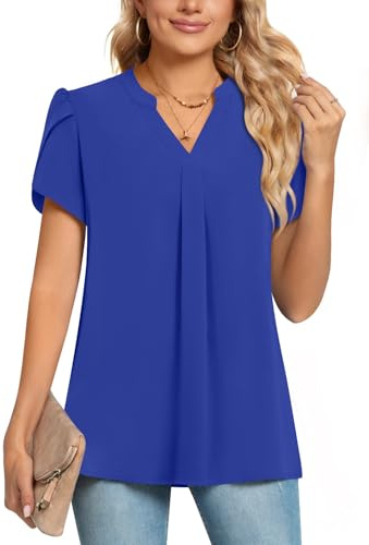POPYOUNG Womens Summer Casual Chiffon Petal Sleeves Office Blouses V Neck Business Tops Work Shirts 3XL,Royal Blue