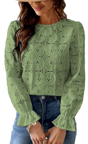 CUPSHE Women Blouse Cutout Flower Top Round Neck Long Sleeve Elastic Cuffs Elegance Shirt, Olive Green, S