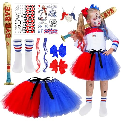SHOWHEEL Mädchen Bösewicht Suicide Kostüm Kit, Halloween Kostüm Cosplay Mädchen, Tüllrock mit Halskette, Aufblasbarer Baseballschläger, Socken, Haare Bundle, für Halloween Karneval Cosplay