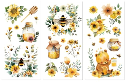 Peacoblue UV DTF Rub-On Transferfolie Möbel-Sticker Blumen und Bienen Muster 15x30cm, 3 Stk. Wasserfeste Deko-Transferaufkleber für Möbel Glas Gläser Porzellan Wäscheschränke Kommoden