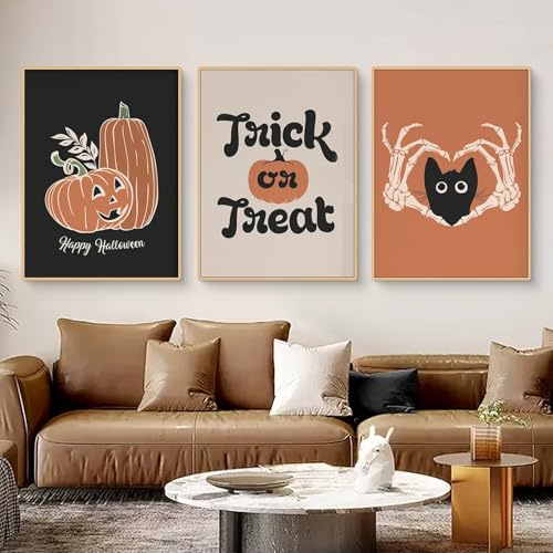 Viusneun 3-teiliges Premium Poster-Set, lustiger Kürbis Schloss Kätzchen Bilder, Horror Skelett Leinwandbild Halloween Deko, Bilder Wohnzimmer Deko Schlafzimmer, ohne Rahmen (A,30x40cm)
