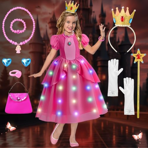 COYBTO Prinzessin Peach Kostüm Mädchen: Leuchtendes Kleid, Krone, Handschuhe, Halskette für Halloween, Karneval, Geburtstag Cosplay