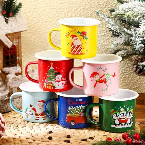 Geiserailie Lot de 6 Tasses à Café de Noël en Émail - 355 ml - Décorations et Cadeaux pour la Famille, les Amis et les Collègues (Multicolore, Série)