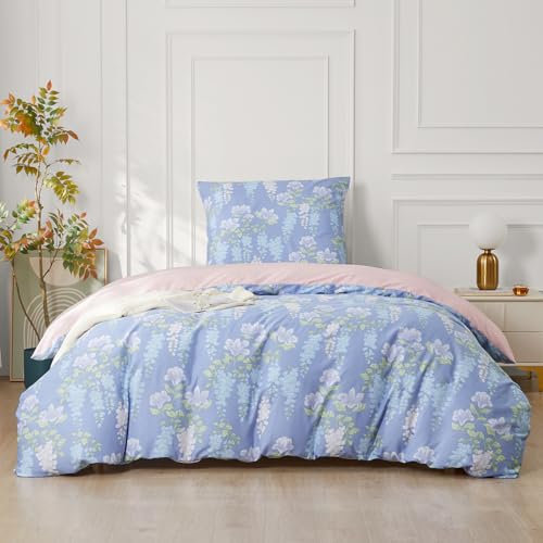 SAPHREAS Bettwäsche 155x220 Set - Lila Blumen Bettwäsche-Sets Baumwolle Bettwäsche Mädchen 2teilig 1 Bettbezug 155x220 cm + 1 Kissenbezüge 80x80 cm mit Reißverschluss