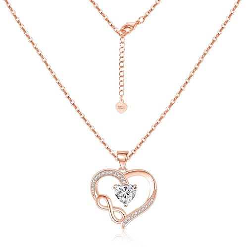 Damen Roségold Halskette, 14K Vergoldet 925 Sterling Silber Mit Zirkon Strass Unendlichkeit Liebe Herz Anhänger für Frauen Schmuck