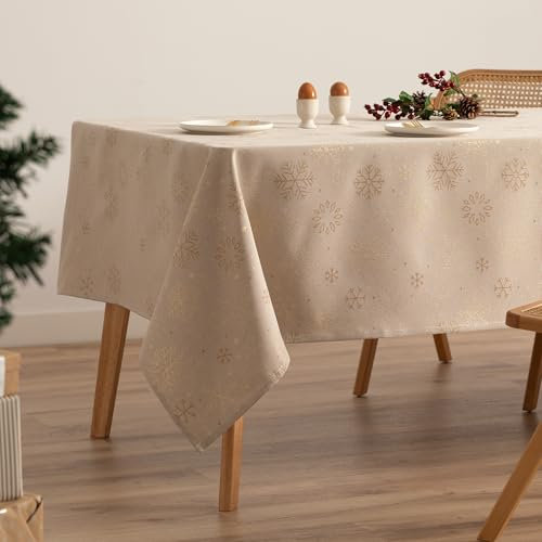 GAMUSI Tischdecke für Weihnachten, Jacquard, Goldgarn, Esstisch, rechteckig, Weihnachtsdekoration, 140 x 240 cm, Beige/Gold