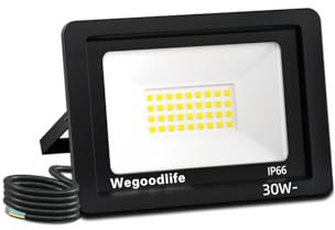 Wegoodlife 30W LED Strahler Außen, Superhell 2335LM Scheinwerfer, 6500K Kaltweiß Außenstrahler, IP66 Wasserdicht LED Fluter, 50cm Kabel kein Stecker, Aussenstrahler für Hinterhof Auffahrt Türen Flur