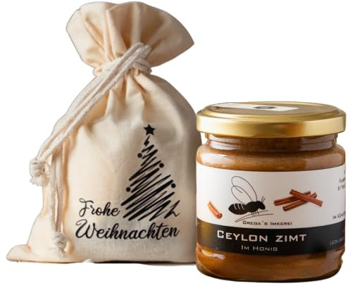 Gregas Imkerei Honig - Säckchen Frohe Weihnachten mit Sorte deiner Wahl - 250g Glas - Das perfekte weihnachtliche Geschenk Honigset - ideal als Mitbringsel zu Weihnachten (Ceylon Zimt)