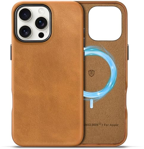 SHIELDON Genuine Leather Case for iPhone 16 Pro Max, [Magnetic Wireless Charging][Non-Slip][Anti-Scratch][Slim Fit] Shockproof Phone Cover Compatible with iPhone 16 Pro Max - Retro Light Brown