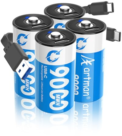 Artman Rechargeable Lithium C Batteries 4 Pack, 1.5V C Cell Batteries with 2 in 1 USB-C Charging Cable, 9000mWh High Capacity Size C Li-ion Battery for Floodlight Toys, Recharge up to 1200+ Cycles