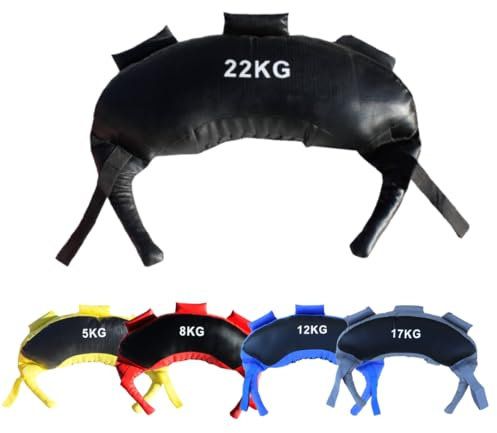 Lisaro Power Bag | Sandbag – 5kg, 8kg, 12kg, 17kg und 22kg – 5 Griffe, aus Kunstleder, Schwarz – Sandsack für Krafttraining, Fitness und Functional Training (8kg)