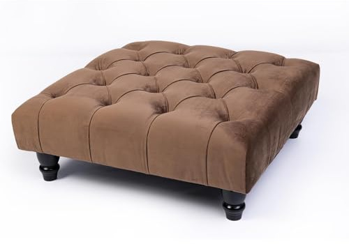 Kiswa collection Chesterfield Footstool - Brown Padded Seat Ottoman with Storage, High Upholstered with Matching Buttons, Wooden Legs, Size 60x60x25cm