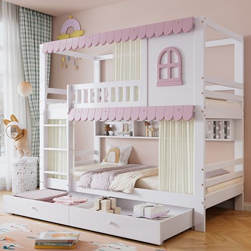 Idemon Lettino a castello, culla con finestre e tende, con griglia anticaduta, ripiano aperto, ringhiera stabile, due cassetti con ruote, ampio spazio di archiviazione, pino+MDF, bianco+rosa, 90 x 200