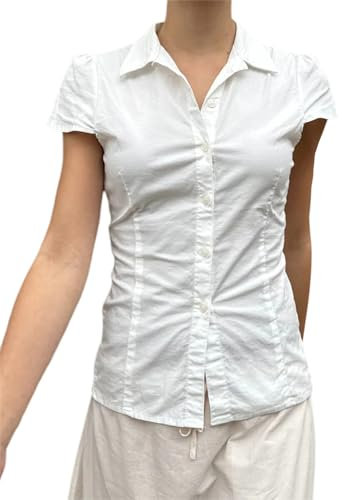 YILEEGOO Women's Basic Button Down Shirts Cap Sleeve Lapel Collar Tight Blouse Tie Up Back Slim Fit Tops Summer Office Shirt (Z2-White, S)