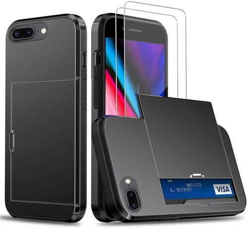 SLWYF Handyhülle für iPhone 7 Plus/iPhone 8 Plus Hülle mit 2 Stück Panzerglas Schutzfolie, Kartenfach Robust Fallschutz Outdoor Militär Schutzhülle für iPhone 7 Plus/iPhone 8 Plus (Schwarz)