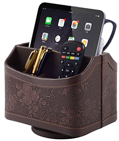 XNONE Pu Leather Remote Control Holder with 5 Compartments,360 Degrees Rotatable Desktop Supply Organizer for Pen,TV Control,Phone,Mini IPad Notebook,Eyeglasses,Makeup Brush Storage Box (Retro)