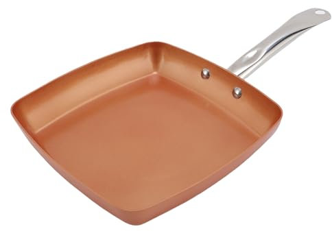 Pssopp Aluminum Alloy Stainless Steel Square Skillet, Dishwasher Safe Non Stick Coating Copper Color Frying Pan for Open Flames Stove
