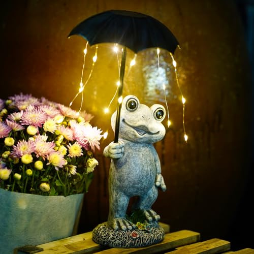 Yeomoo Frosch Deko mit Regenschirm Solar Lichterkette Gartendeko für Draußen - Lustige Frog Solar Dekoation für Außen - Geschenk für Frauen Mama Männer Wetterfeste Garten, Terrasse, Wohnzimmer Grau