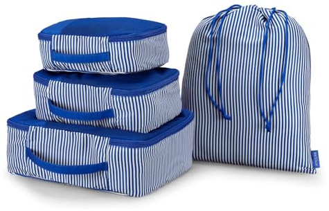 Joules Ticking Stripes Packing Cubes, 4 Piece Set, Luggage Organisation, Storage Bags for Suitcase, Travel Accessory