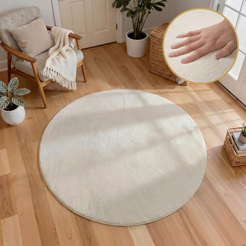 Homcomodar Teppich Rund 120cm Beige Wohnzimmerteppich Flauschiger Teppich Anti-Rutsch Teppiche Schlafzimmer Kurzflor für Schlafzimmer,Wohnzimmer,Esszimmer,Küchenteppich,Kinderzimmer