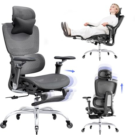 LarkLeaves Ergonomischer Bürostuhl mit Fußstütze & 6D Armlehnen, Netz Schreibtischstuhl mit 2D Lendenwirbelstütze & 3D Kopfstütze, 145° Liegefunktion für Home Office & Gaming, Schwarz