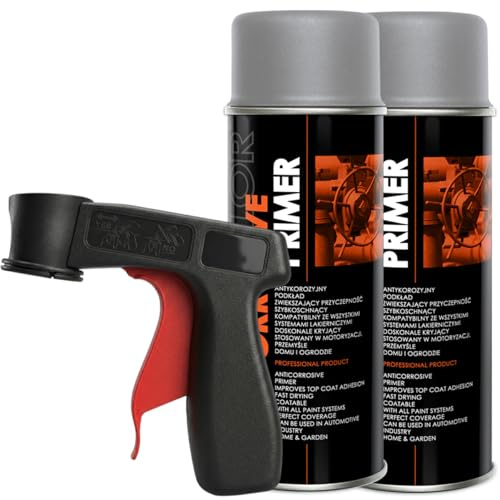 Craft-Equip DC 2er Sparpack Lackspray nach RAL in 400ml zur Lackierung von Auto Stahl Aluminium Beton Holz und Haltegriff (2 Dosen Grundierung grau 400ml + Haltegriff)