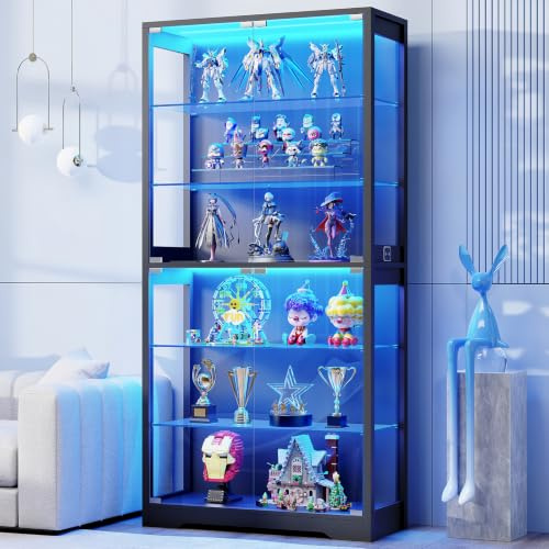 BROTTAR 71 Display Cabinets with Glass Door & Adjustable Glass Shelves | 6 Tier Glass Display Cabinets with 3 Color Lights,Display Curio Cabinet with Human Body Sensor for Playroom,Bedroom,Black