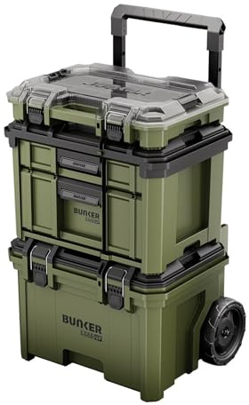BUNKER Load-Up Rolling Tool Box - 3-in-1 Stackable Toolbox with Wheels | Heavy duty wheeled tool chest with auto-lock drawers, transparent organiser, IP65 waterproof and impact-resistant design.