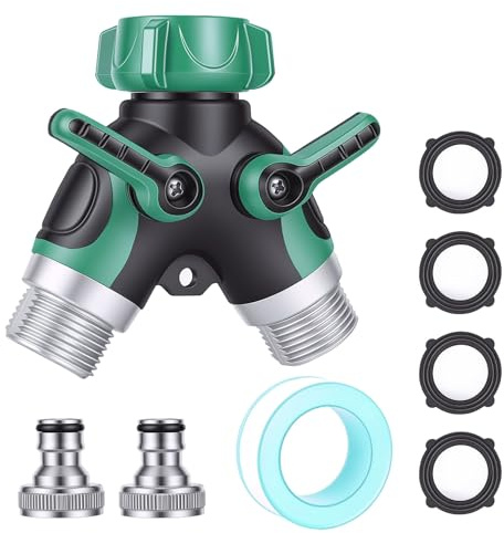 Vexnaro Distribuidor de Grifo 2 Vias Estándar Europeo 3/4, Adaptador en Y con Control Independiente de Flujo, Conector para Jardin Lavadora y Riego, Set con 2 Racores 3 Juntas y Cinta Selladora