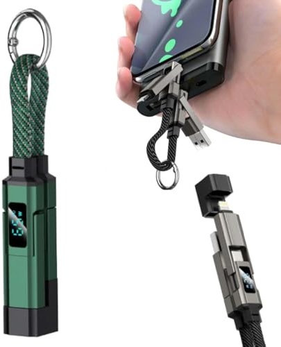 4 in 1 USB C Keychain Charger Cable, 65W Fast Charging Short Phone Lanyard Data Cable Fit Light-ning/Type-C/USB-A/USB-C, Portable Multi Charge LED Display Digital Cord (Green)