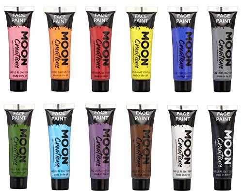 Moon Creations Face & Body Paint Tubes | Set of 12 | 12ml | Ready to Use Face Paint | No Flake | Cruelty Free, Made in UK | Face Paint for Kids, Adults, Fancy Dress, Festivals, Halloween & More