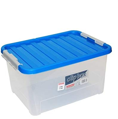 Heidrun 3 Stück Clipbox mit Deckel Verschlüssen- 25 Liter,44x32x23cm- transparenter oder blauer Deckel (Farbwahl zufällig)