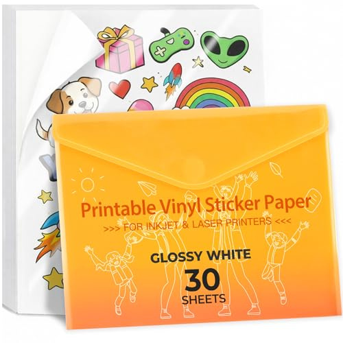 JANDJPACKAGING Vinilo imprimible para impresora de inyección de tinta y láser, paquete de 30 calcomanías de vinilo imprimibles, color blanco brillante, tamaño carta estándar de 8.5 x 11 pulgadas