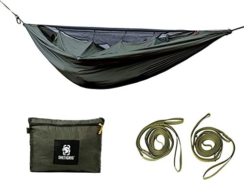 OneTigris KOMPOUND Reisehängematte 1 Person Outdoor Hängematte mit Moskitonetz |MEHRWEG Verpackung 260x130cm(Armee Grün)
