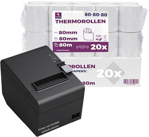 Rouleaux thermiques 80mm x 80m x 12mm – Bobine papier thermique pour caisse enregistreuse avec imprimante de ticket - Rouleau thermique 80x80x12 - Sans BPA (20 Rouleaux)