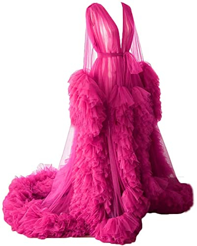 KURFACE Morgenmantel für Schwangerschafts-Fotoshootings, durchscheinend, lang, Puffy Tüll, durchscheinend, fuchsia, 36