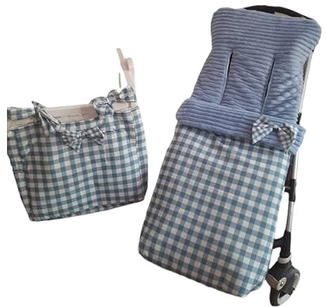 Conjunto universal de saco de carro de invierno y bolsa panera en vichy azul con pelito azul. Hecho en España (Azul)